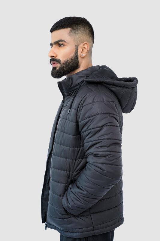 Black Quilted Puffer Jacket with Detachable Hoodie